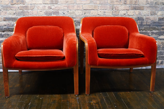 Pair of 1315 Chairs, designed by Bill Stephens for Knoll in the mid 1960s. They feature a bentwood frame, contoured form, loose seat and lumbar cushions.  Red Velvet, Chicago, Studio Sonaj Milan