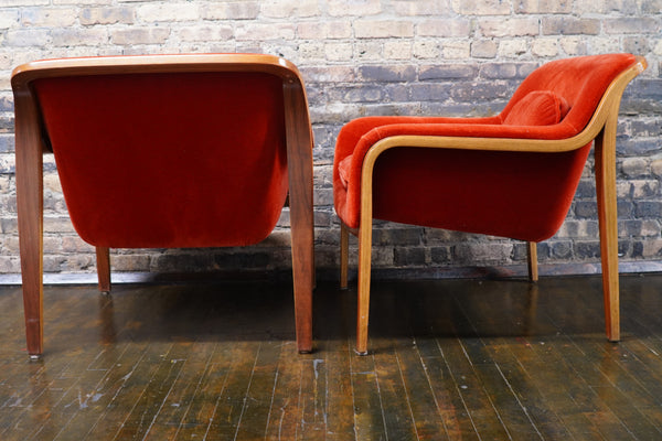 Pair of 1315 Chairs, designed by Bill Stephens for Knoll in the mid 1960s. They feature a bentwood frame, contoured form, loose seat and lumbar cushions.  Red Velvet, Chicago, Studio Sonaj Milan