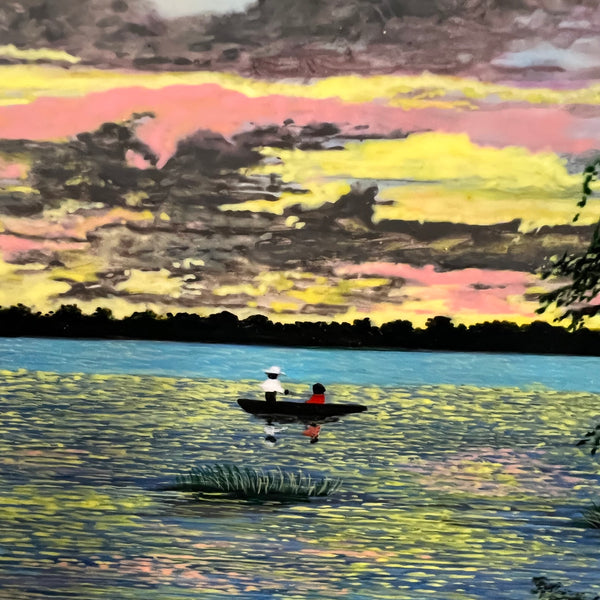 Primitive oil painting on board by Marcel Stockmans.  Painting has a high gloss lacquer finish.  Appears to show figures on a boat in the bayou at sunrise (or sunset).  Great colors, great composition.  Stockmans was a primitive painter that lived and worked in Lafayette, MS (born in Belgium).  Framed work.  Bryant Galleries tag on reverse.