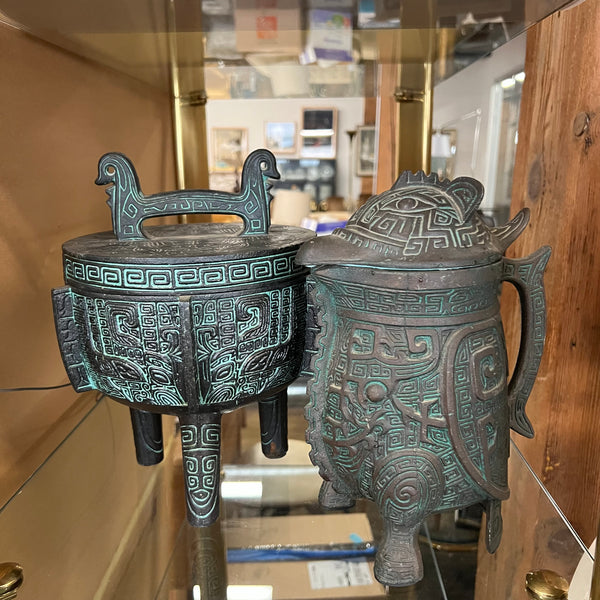 A set of James Mont-style metal (faux bronze) with verdigris finish items made in Taiwan in the 1960s, which includes an ice bucket and water pitcher. Both items are made of metal with green plastic insulation inserts - Pitcher is 4 cup capacity: Great unique wedding gift.  Midcentury barware.