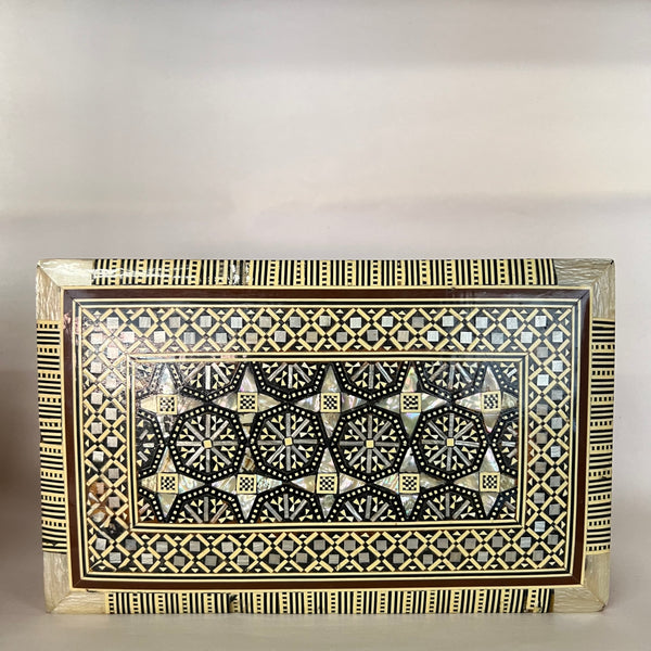 Mosiac box circa 1950's-1960's, inlaid with mother-of-pearl.  Detailed, lovely, lined in velvet.