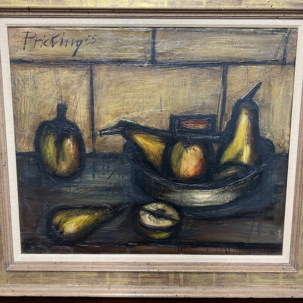 Stunning still life of fruit by German artist Franz Priking. Painted primarily in shades of gold, deep green and black and housed in a beautiful frame that has gilded accents.  Dated 1955, Studio Sonja Milan, Chicago, IL
