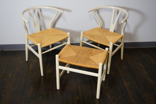 Pair of Off-White Carl Hansen Wishbone Chairs and ottoman