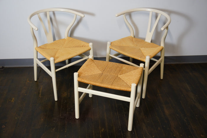 Pair of Off-White Carl Hansen Wishbone Chairs and ottoman