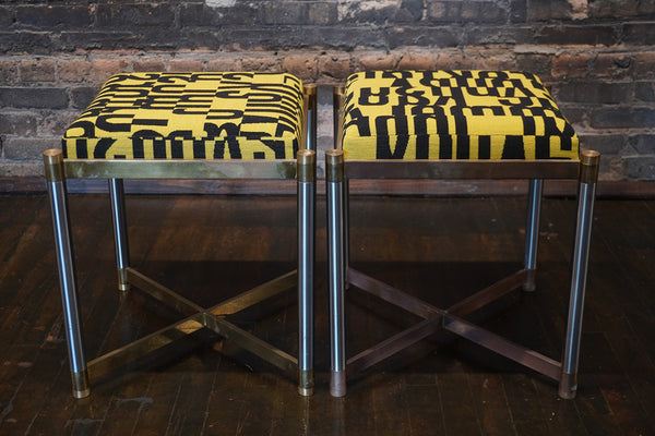 A lovely pair of Weiman Co. Upholstered Stools circa 1970. The bases feature mixed metals; brass and steel. 