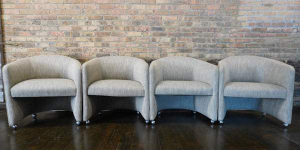 4 beautiful and comfortable barrel back dining chairs on castors. IMO Karl Springer, Chicago, IL Studio Sonja Milan