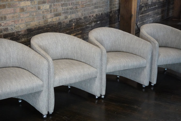4 beautiful and comfortable barrel back dining chairs on castors. IMO Karl Springer, Chicago, IL Studio Sonja Milan