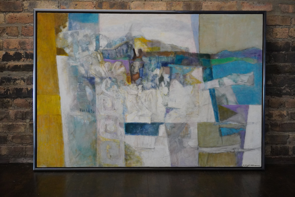 A large original abstract painting by Alice Wright Uhlmann (1911-2002) titled "Mesa Blanco".  The canvas is mostly done in pastel hues. 
