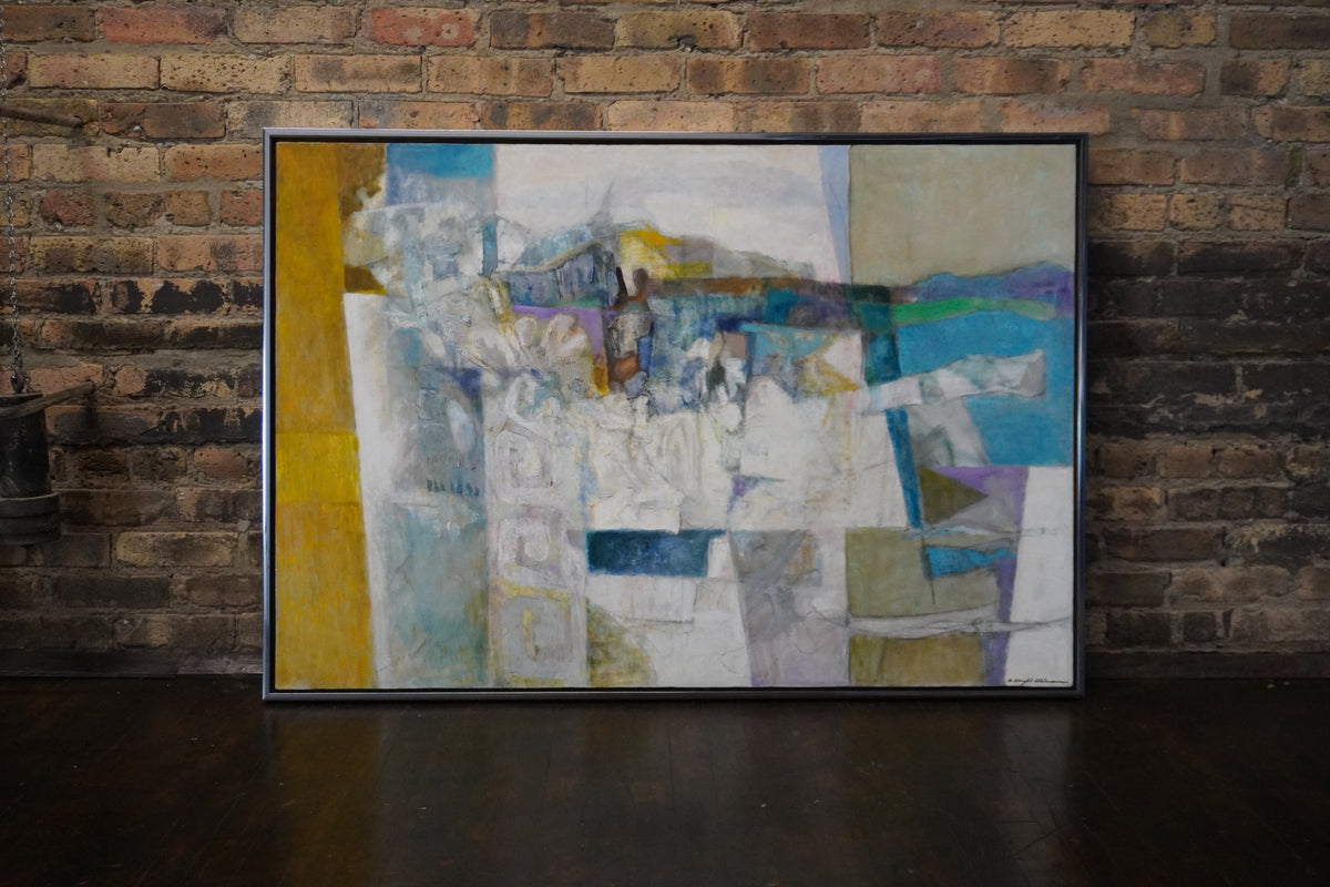 A large original abstract painting by Alice Wright Uhlmann (1911-2002) titled "Mesa Blanco".  The canvas is mostly done in pastel hues. 