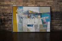 A large original abstract painting by Alice Wright Uhlmann (1911-2002) titled "Mesa Blanco".  The canvas is mostly done in pastel hues. 