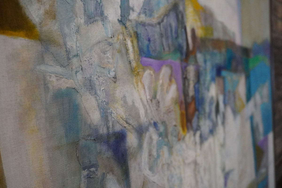 A large original abstract painting by Alice Wright Uhlmann (1911-2002) titled "Mesa Blanco".  The canvas is mostly done in pastel hues. 