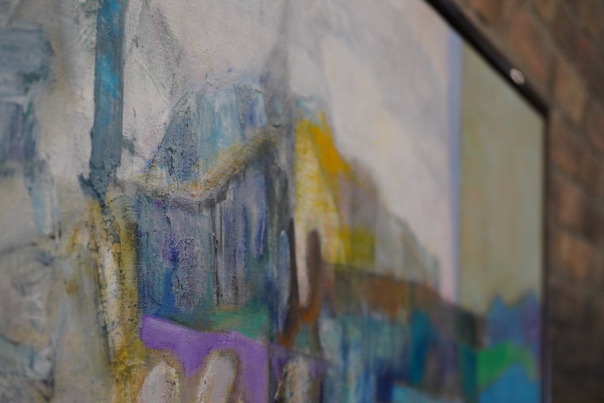 A large original abstract painting by Alice Wright Uhlmann (1911-2002) titled "Mesa Blanco".  The canvas is mostly done in pastel hues. 