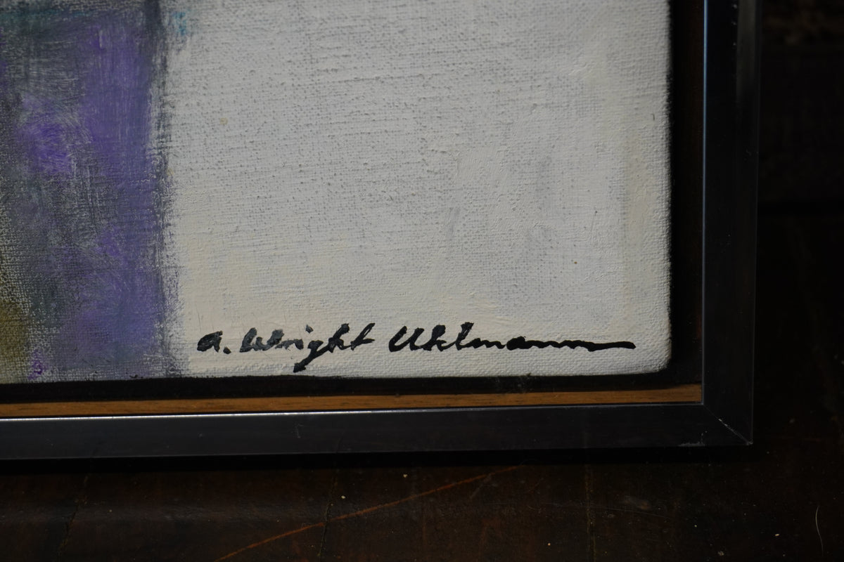 A large original abstract painting by Alice Wright Uhlmann (1911-2002) titled "Mesa Blanco".  The canvas is mostly done in pastel hues. 