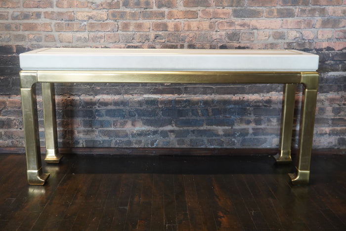 MidCentury Ivory Leather Console Table on Brass Legs Attributed to Mastercraft