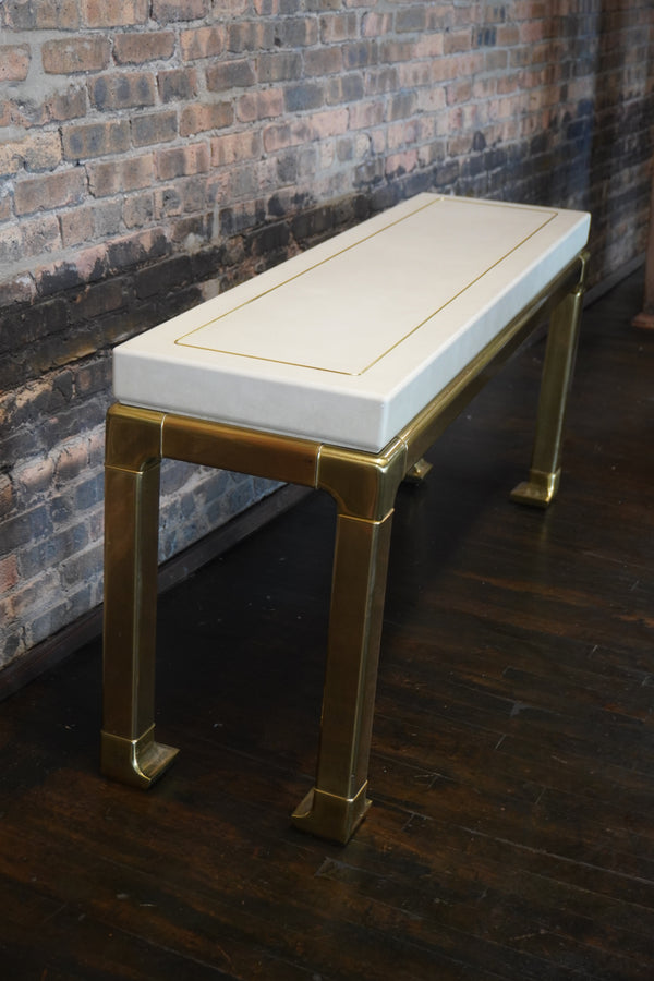 MidCentury Ivory Leather Console Table on Brass Legs Attributed to Mastercraft