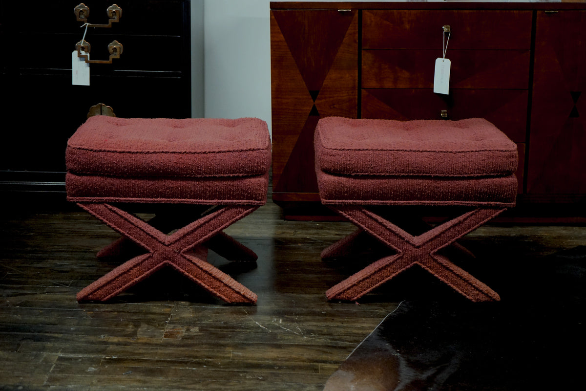 Pair of Billy Baldwin Style X-Base Stools with Burgundy Upholstery