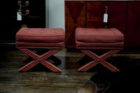 Pair of Billy Baldwin Style X-Base Stools with Burgundy Upholstery