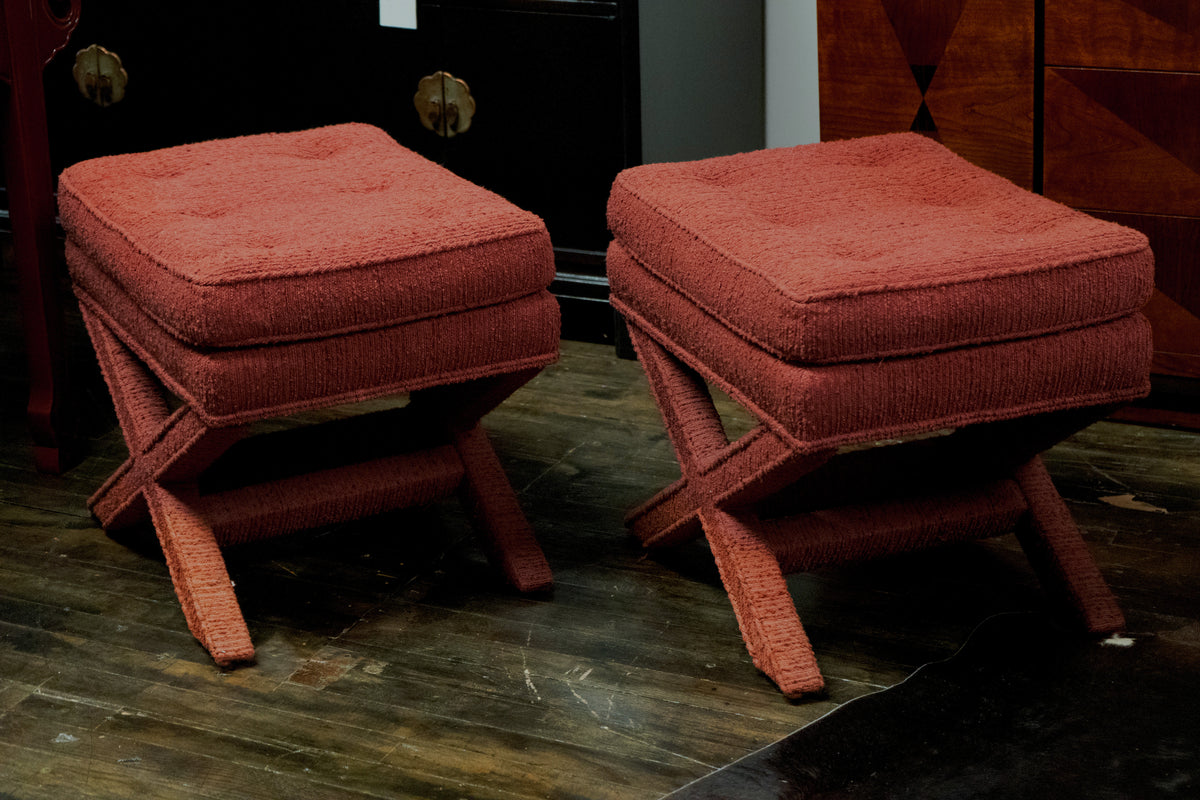 Pair of Billy Baldwin Style X-Base Stools with Burgundy Upholstery