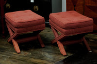 Pair of Billy Baldwin Style X-Base Stools with Burgundy Upholstery