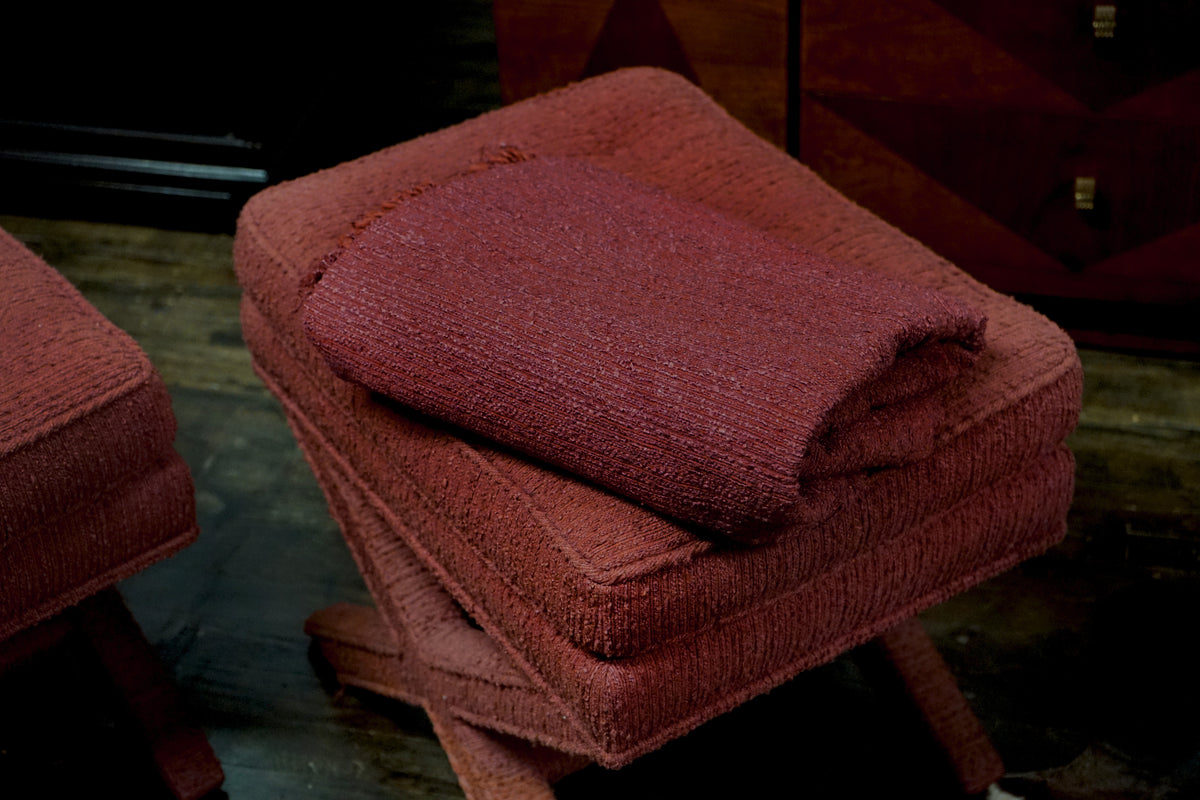 Pair of Billy Baldwin Style X-Base Stools with Burgundy Upholstery