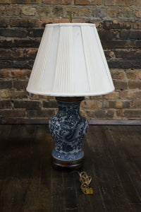 Beautiful blue and white ginger jar lamp by Frederick Cooper. &nbsp;The lamp has an Asian motif painted in the body and it features a dragon.