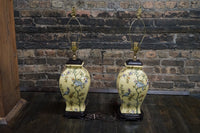 Lovely pair of matching hand painted ceramic lamps from Bradburn.  They have a yellow field and hand painted birds and greenery.