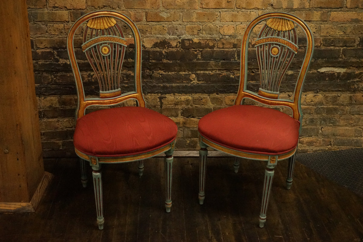 Lovely pair of Louis XVI style Montgolfiere side chairs. They are characterized by a distinctive hot air balloon-shaped backrest - or Montgolfiere. 