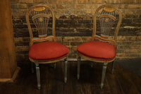 Lovely pair of Louis XVI style Montgolfiere side chairs. They are characterized by a distinctive hot air balloon-shaped backrest - or Montgolfiere. 