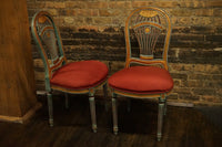 Lovely pair of Louis XVI style Montgolfiere side chairs. They are characterized by a distinctive hot air balloon-shaped backrest - or Montgolfiere. 