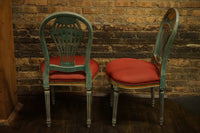 Lovely pair of Louis XVI style Montgolfiere side chairs. They are characterized by a distinctive hot air balloon-shaped backrest - or Montgolfiere. 