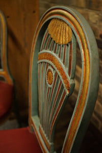 Lovely pair of Louis XVI style Montgolfiere side chairs. They are characterized by a distinctive hot air balloon-shaped backrest - or Montgolfiere. 