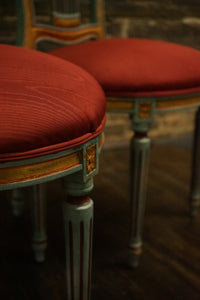 Lovely pair of Louis XVI style Montgolfiere side chairs. They are characterized by a distinctive hot air balloon-shaped backrest - or Montgolfiere. 