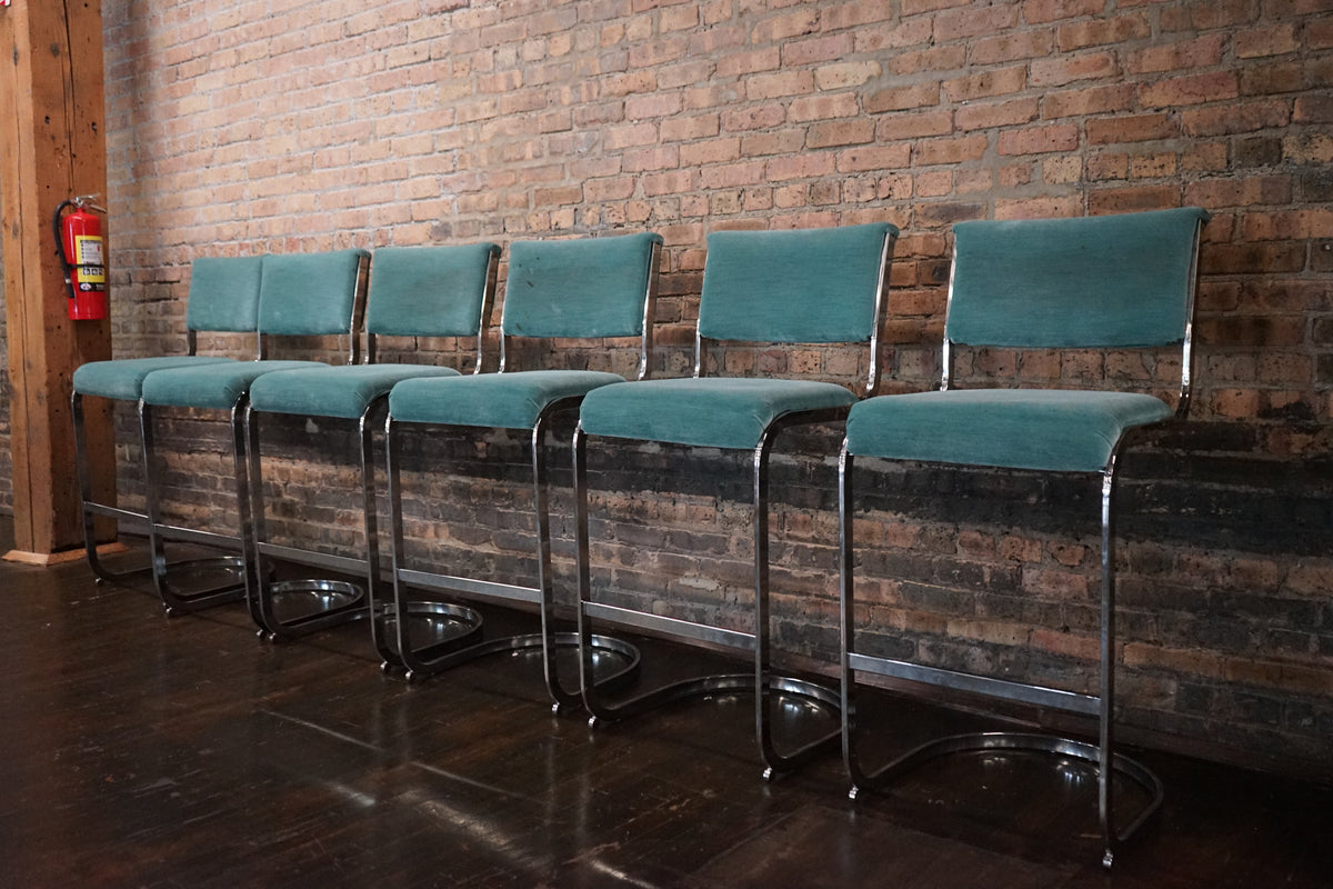 Set of 6 Milo Baughman Style Mid-Century Upholstered Bar Stools with Chrome Bases