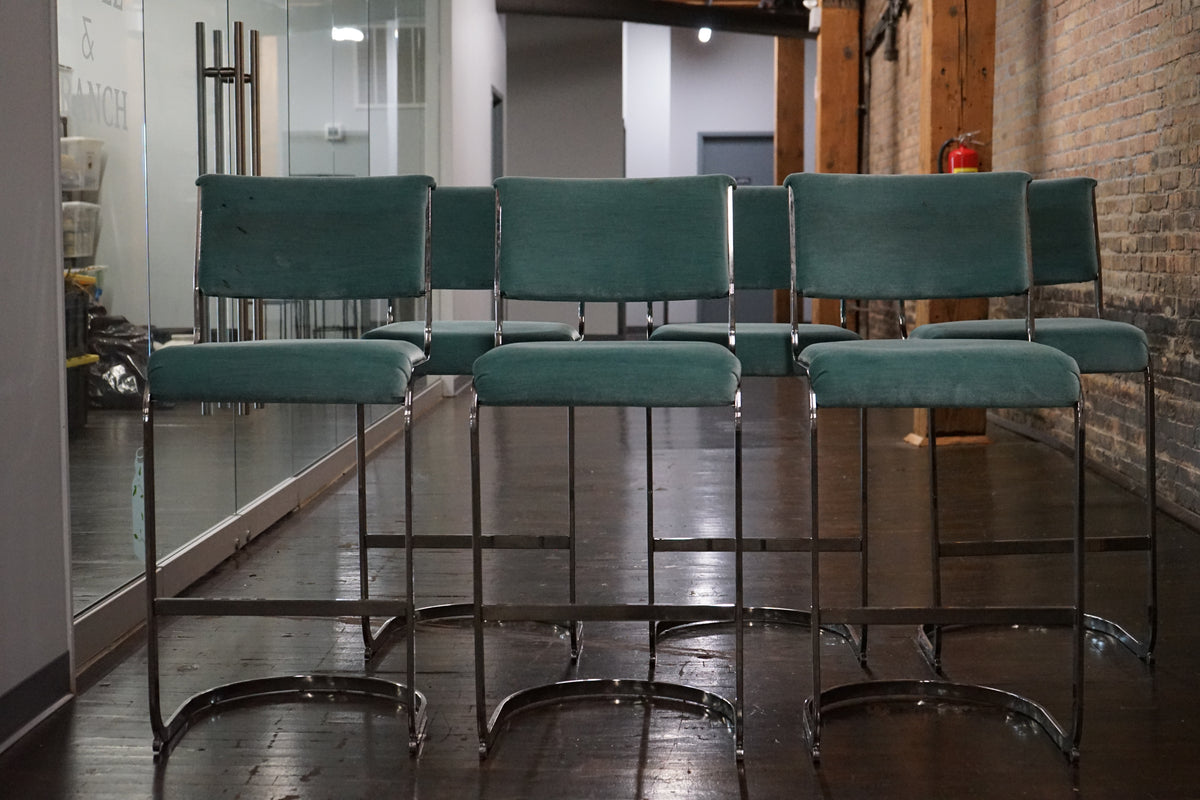 Set of 6 Milo Baughman Style Mid-Century Upholstered Bar Stools with Chrome Bases