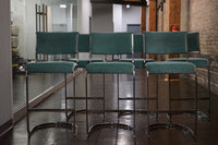 Set of 6 Milo Baughman Style Mid-Century Upholstered Bar Stools with Chrome Bases