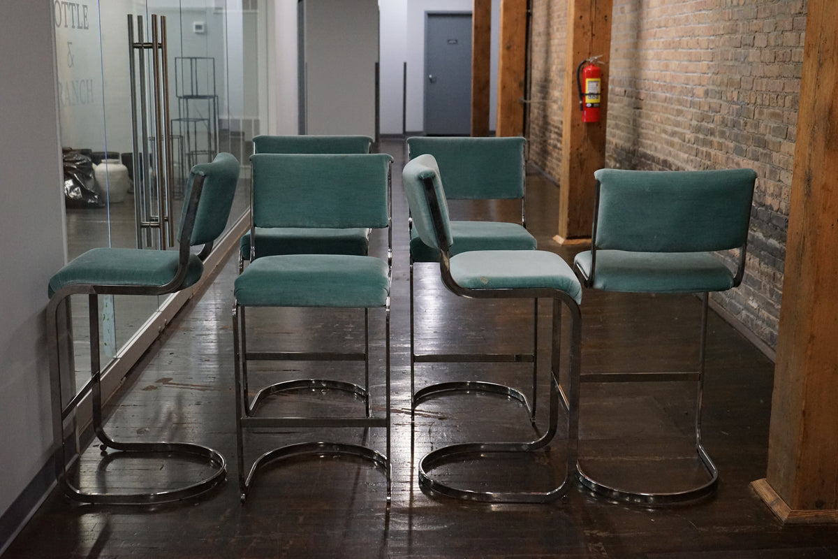 Set of 6 Milo Baughman Style Mid-Century Upholstered Bar Stools with Chrome Bases