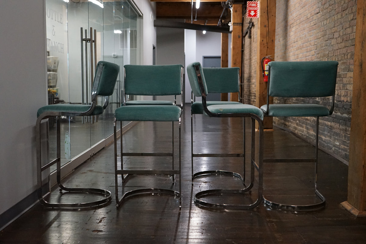 Set of 6 Milo Baughman Style Mid-Century Upholstered Bar Stools with Chrome Bases