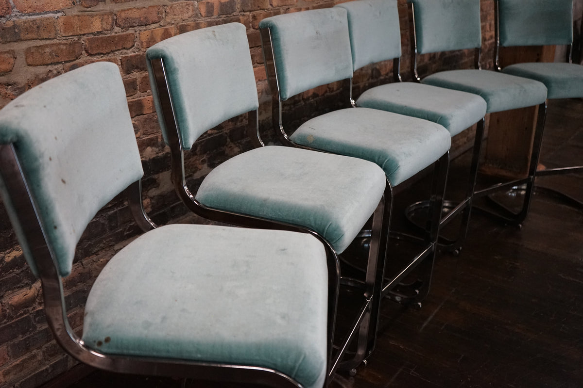 Set of 6 Milo Baughman Style Mid-Century Upholstered Bar Stools with Chrome Bases