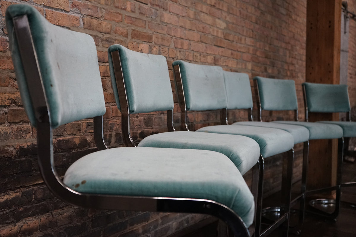 Set of 6 Milo Baughman Style Mid-Century Upholstered Bar Stools with Chrome Bases
