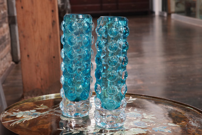 Lovely and heavy turquoise bubble glass vases attrbuted to Skruf of Sweden