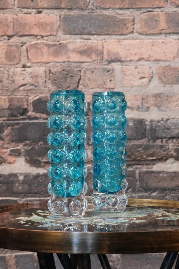 Lovely and heavy turquoise bubble glass vases attrbuted to Skruf of Sweden