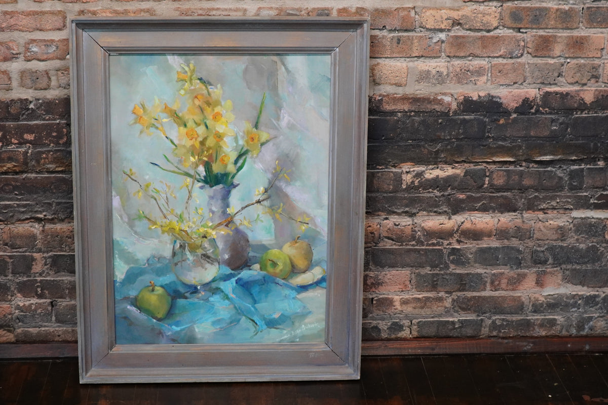 Framed Original Painting Still Life with Daffodils and Pears by Marjorie Dean Andruk