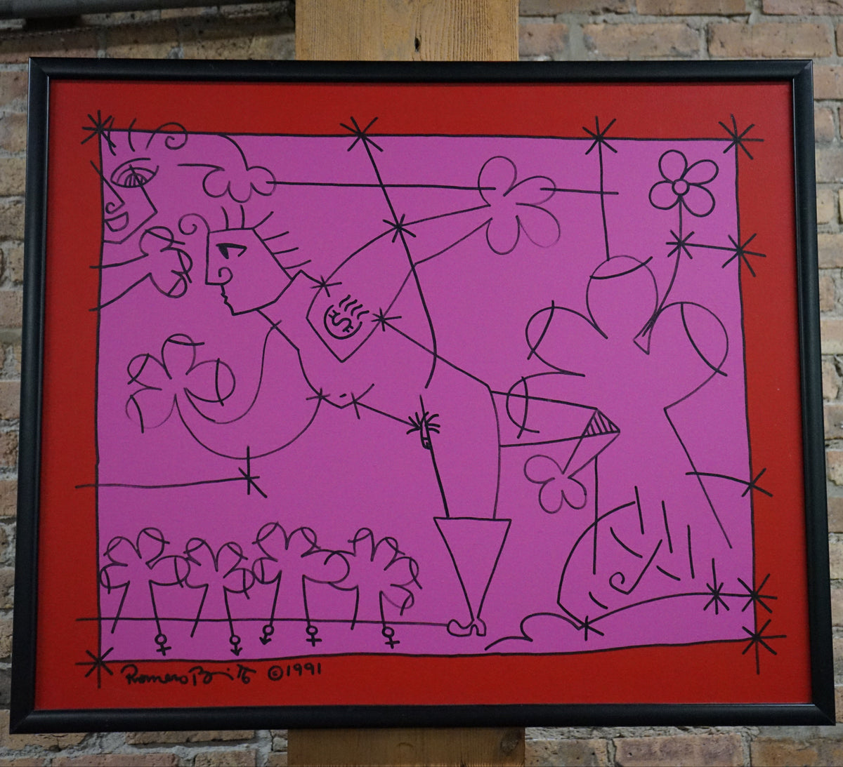 Romero Britto Original Painting on Canvas in Pink, Red and Black dated 1991