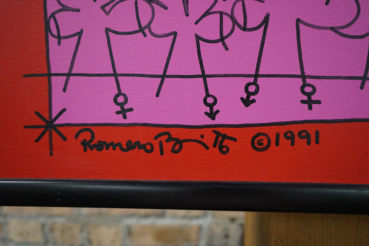 Romero Britto Original Painting on Canvas in Pink, Red and Black dated 1991