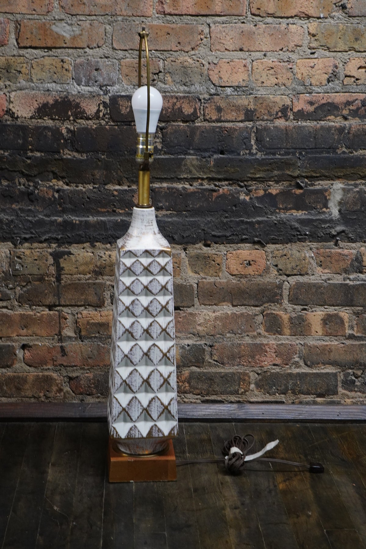 Midcentury Table Lamp Cream Colored with Gold Accents on Wood Base