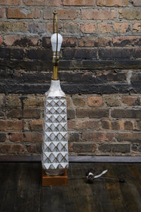 Midcentury Table Lamp Cream Colored with Gold Accents on Wood Base