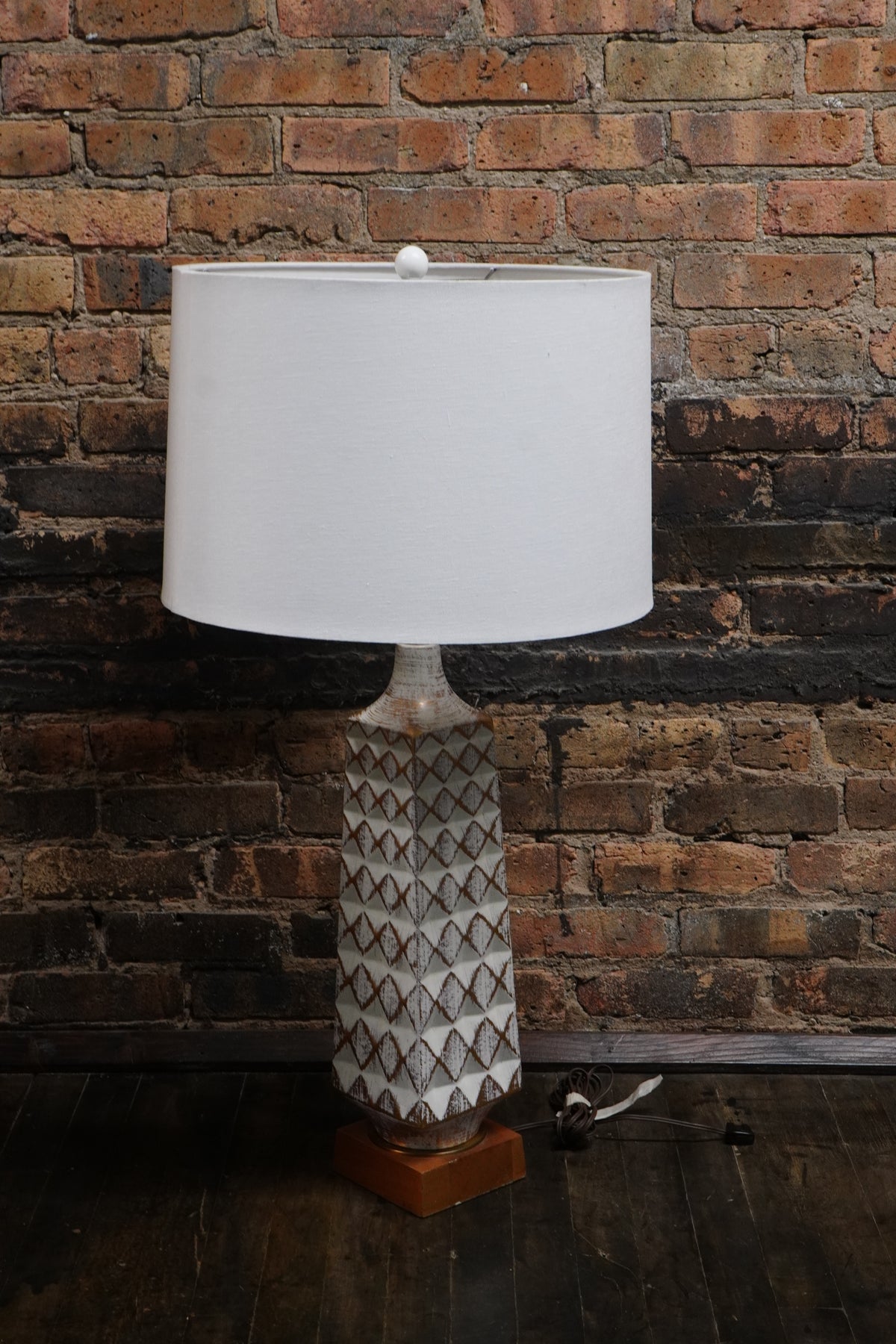 Midcentury Table Lamp Cream Colored with Gold Accents on Wood Base