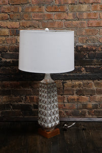 Midcentury Table Lamp Cream Colored with Gold Accents on Wood Base