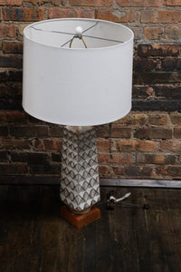 Midcentury Table Lamp Cream Colored with Gold Accents on Wood Base