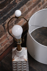Midcentury Table Lamp Cream Colored with Gold Accents on Wood Base